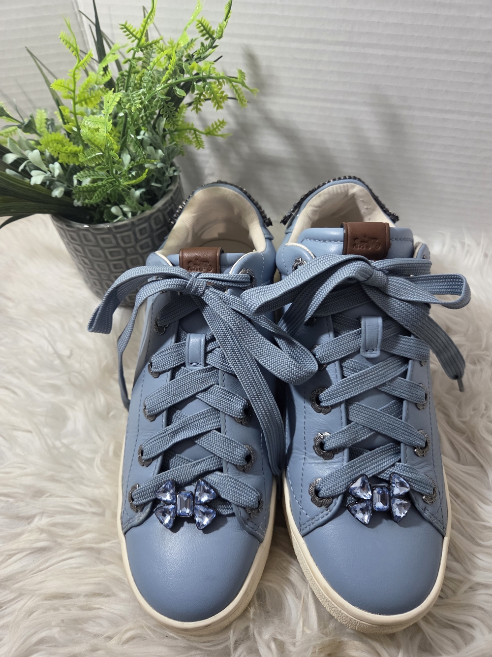 Coach Women Blue Rhinestone Embellished Leather Sneakers/ Crystal Bow Accent 10B - Picture 4 of 16